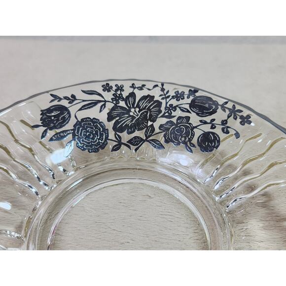 Candy Dish Clear Glass w/ handles 7 3/4" Black Floral Design Black Trim 60s Vtg - Picture 5 of 11